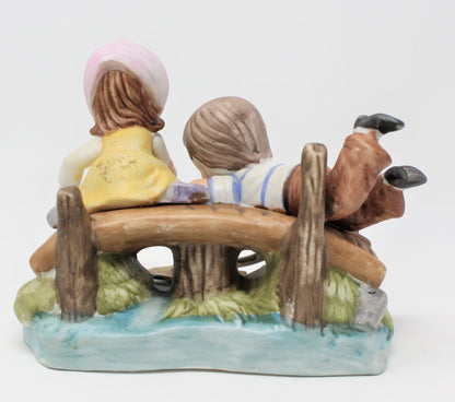 Figurine, ArtMark, Boy & Girl on Bridge with Hat, Hand Painted, Vintage