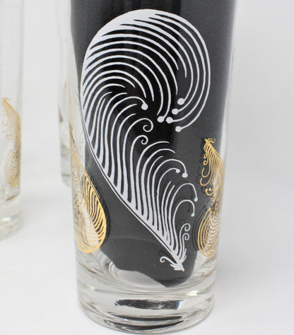 Glasses, Cocktail / Highball with Caddy / Carrier, Feathers White & Gold, Set of 8, Vintage