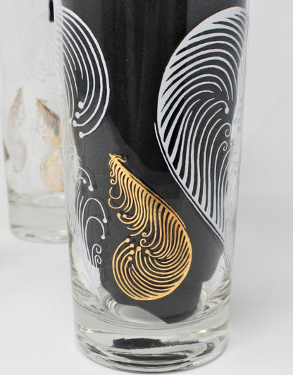 Glasses, Cocktail / Highball with Caddy / Carrier, Feathers White & Gold, Set of 8, Vintage