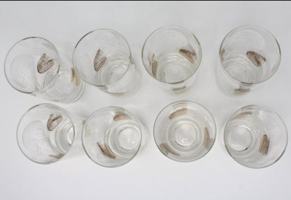Glasses, Cocktail / Highball with Caddy / Carrier, Feathers White & Gold, Set of 8, Vintage