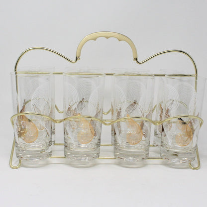 Glasses, Cocktail / Highball with Caddy / Carrier, Feathers White & Gold, Set of 8, Vintage