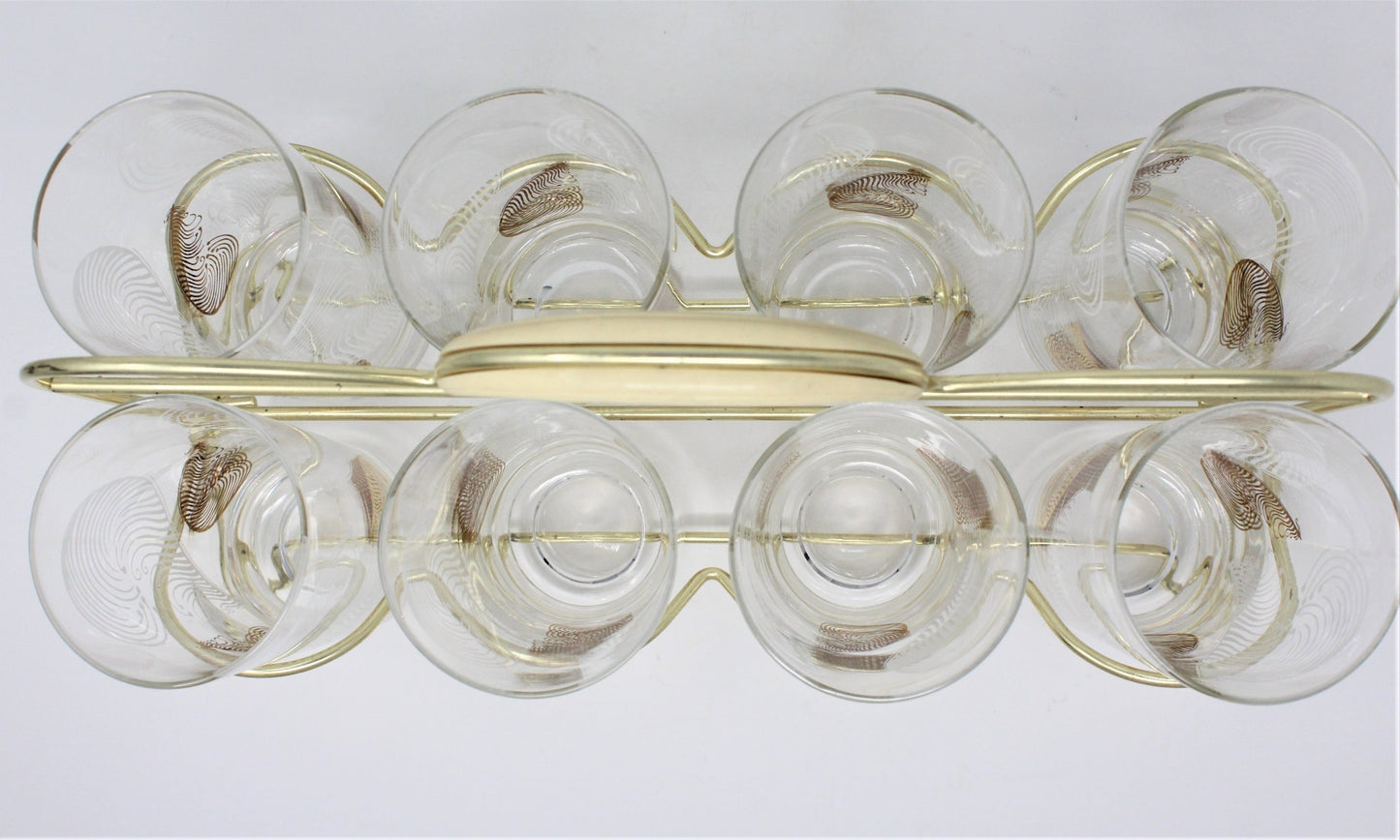 Glasses, Cocktail / Highball with Caddy / Carrier, Feathers White & Gold, Set of 8, Vintage