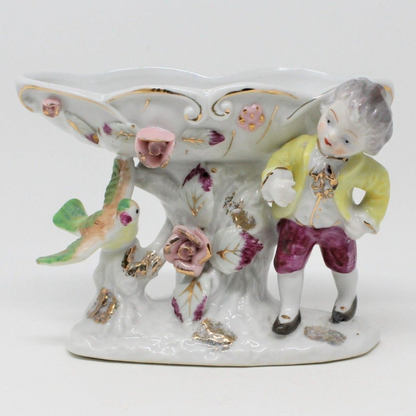 Candy Dish, Victorian Boy and Bird, Applied Roses, Vintage