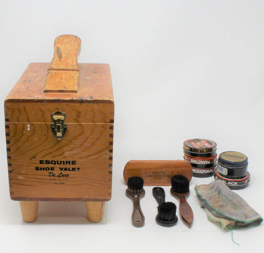 Shoe Valet, Esquire Shoe Shine Box & Accessories, Wood, Vintage
