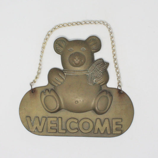 Sign, Welcome Sign with Chain, Brass Teddy Bear, Vintage