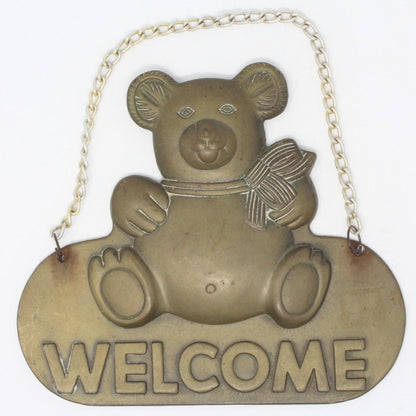 Sign, Welcome Sign with Chain, Brass Teddy Bear, Vintage