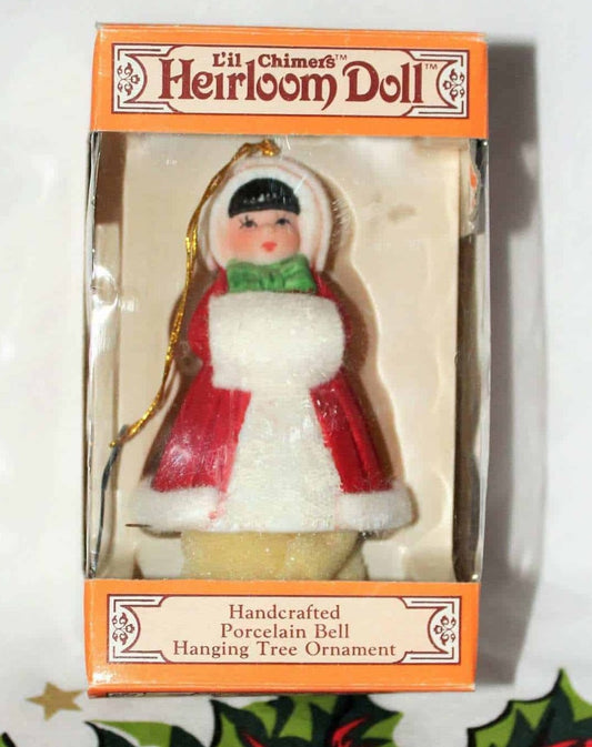 Ornaments, Jasco, Bell L'il Chimers Heirloom Dolls, Girl in Red Coat, Vintage
