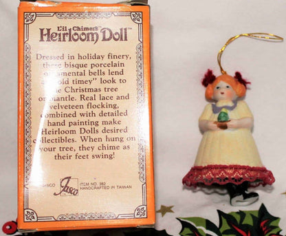 Ornaments, Jasco, Bell L'il Chimers Heirloom Dolls, Girl White Dress, Vintage