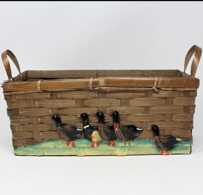 Vintage basket, hand painted applied ducks, rectangular