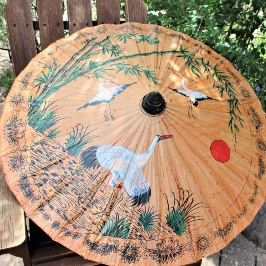 Umbrella, Oriental Parasol, Hand Painted Cranes on Oiled Paper, Antique 30"