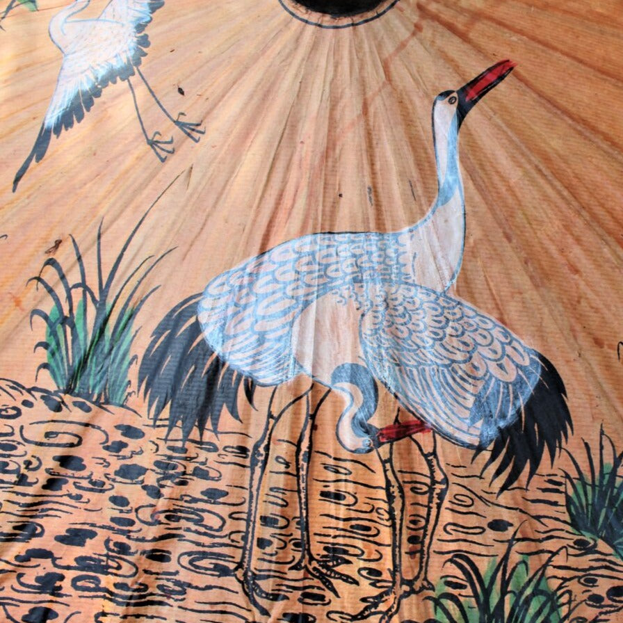 Umbrella, Oriental Parasol, Hand Painted Cranes on Oiled Paper, Antique 30"