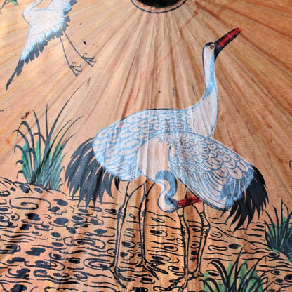 Umbrella, Oriental Parasol, Hand Painted Cranes on Oiled Paper, Antique 30"