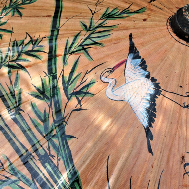 Umbrella, Oriental Parasol, Hand Painted Cranes on Oiled Paper, Antique 30"