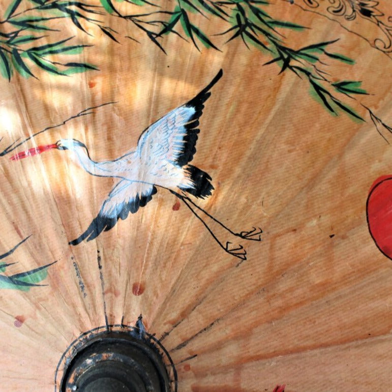 Umbrella, Oriental Parasol, Hand Painted Cranes on Oiled Paper, Antique 30"
