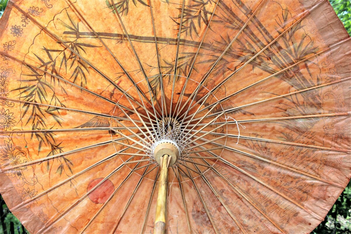Umbrella, Oriental Parasol, Hand Painted Cranes on Oiled Paper, Antique 30"