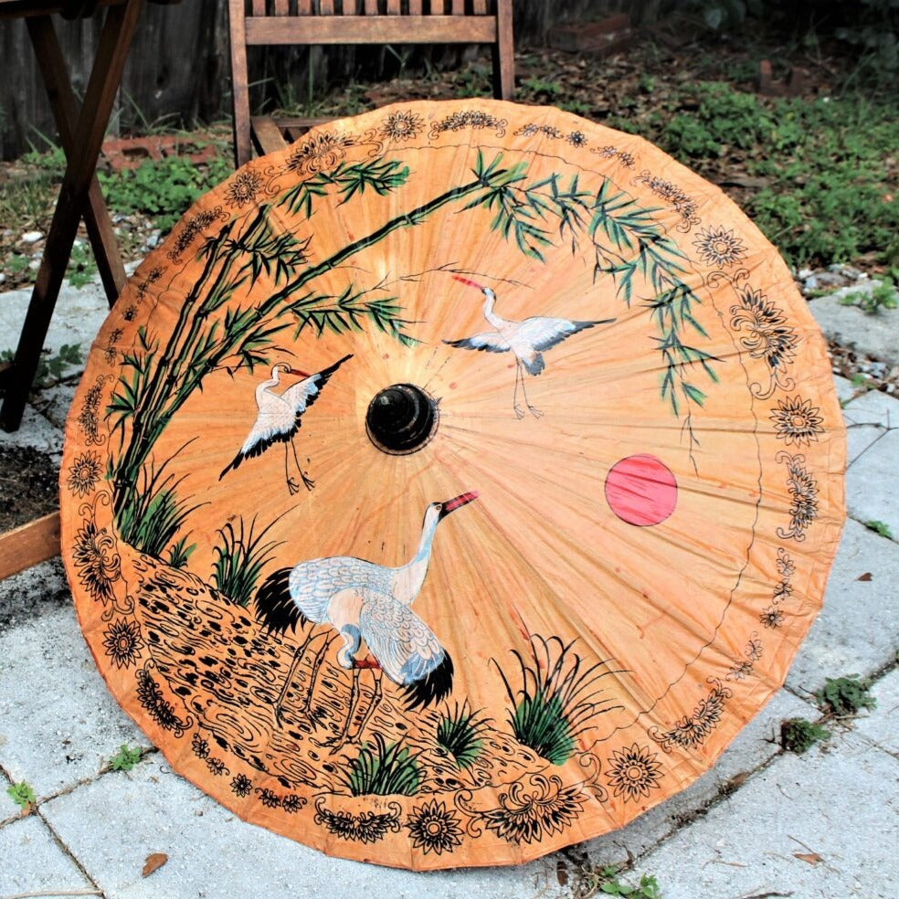Umbrella, Oriental Parasol, Hand Painted Cranes on Oiled Paper, Antique 30"