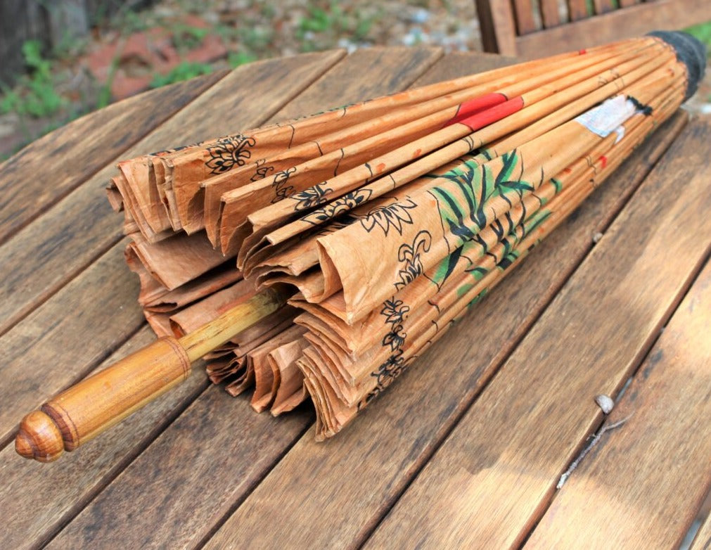 Umbrella, Oriental Parasol, Hand Painted Cranes on Oiled Paper, Antique 30"