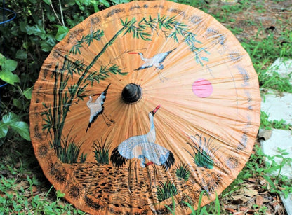 Umbrella, Oriental Parasol, Hand Painted Cranes on Oiled Paper, Antique 30"