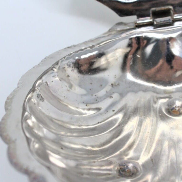 Condiment Dish, Shell Shaped Silverplate, Hinged, Vintage