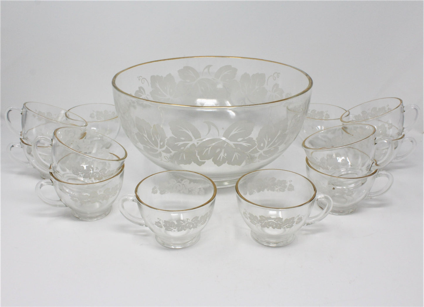 Punch Bowl Set, White Enamel Leaves, 13 Pcs, Glass, Vintage