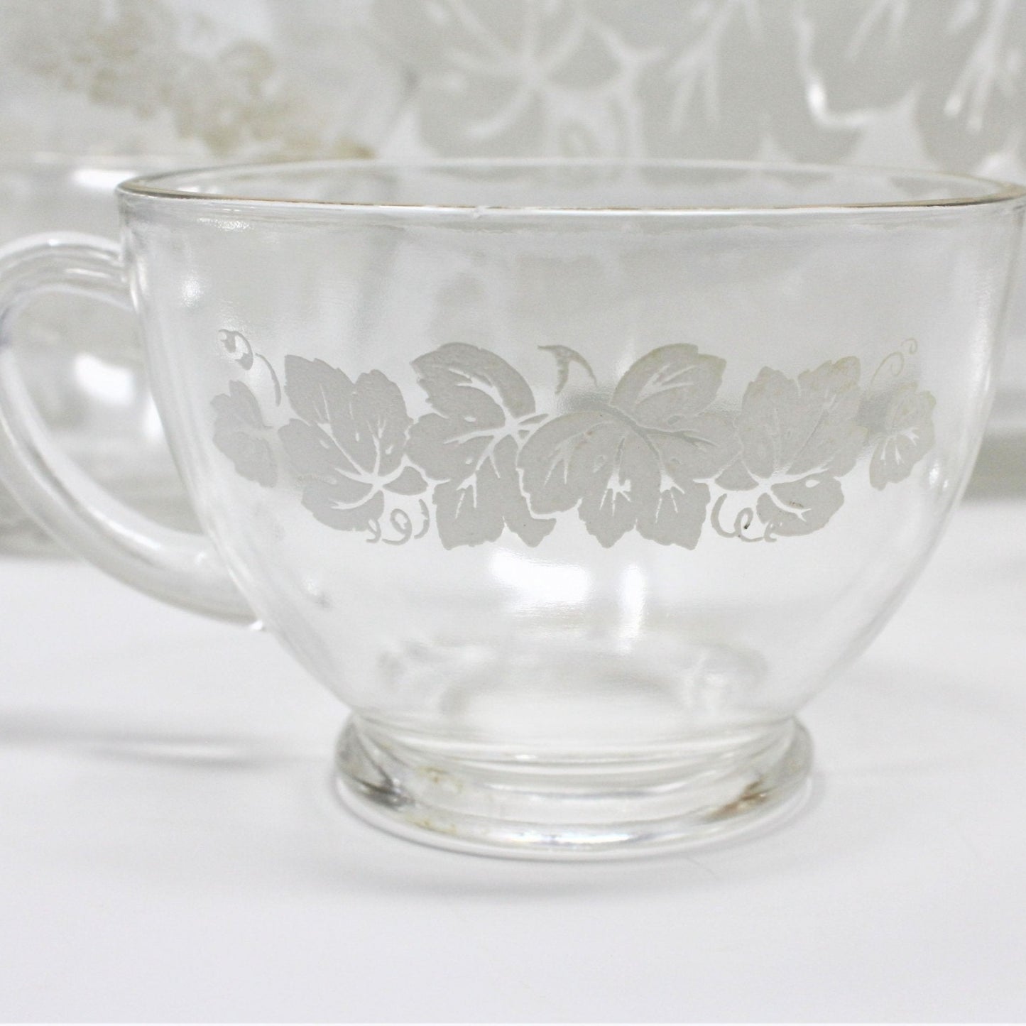 Punch Bowl Set, White Enamel Leaves, 13 Pcs, Glass, Vintage