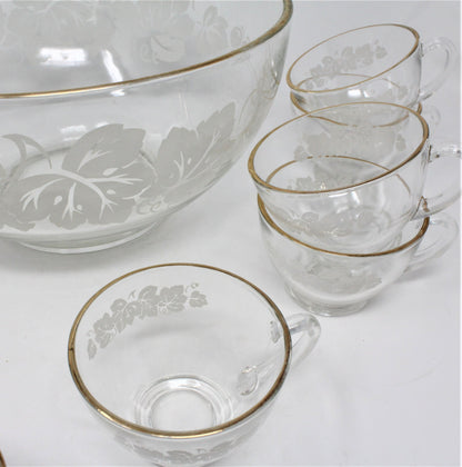 Punch Bowl Set, White Enamel Leaves, 13 Pcs, Glass, Vintage
