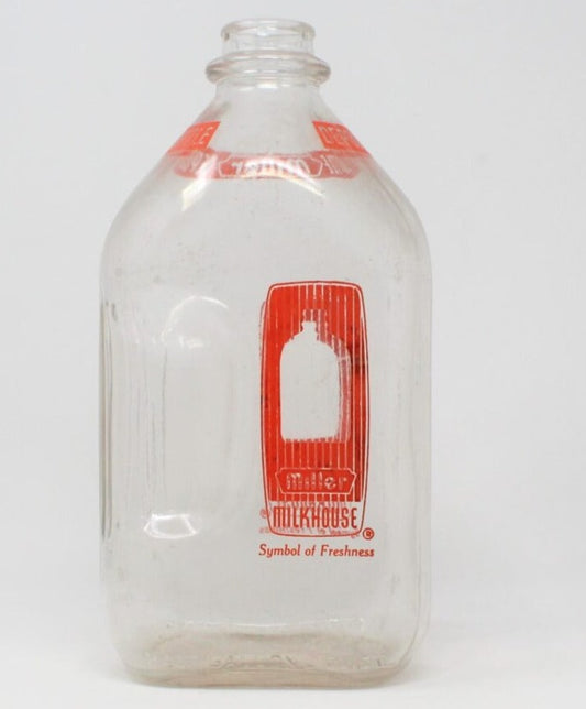 Milk Bottle, Miller Dairy, Orange Pyro ACL, Half Gallon, Indiana, Vintage