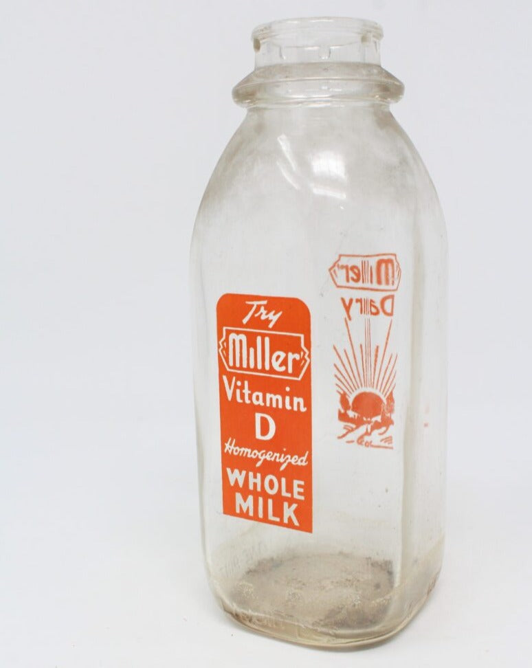 Milk Bottle, Miller Dairy, Orange Pyro ACL, One Pint, Indiana, Vintage