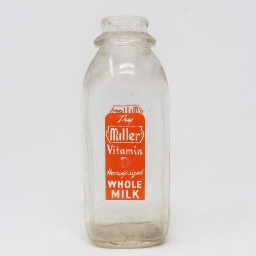 Milk Bottle, Miller Dairy, Orange Pyro ACL, One Pint, Indiana, Vintage