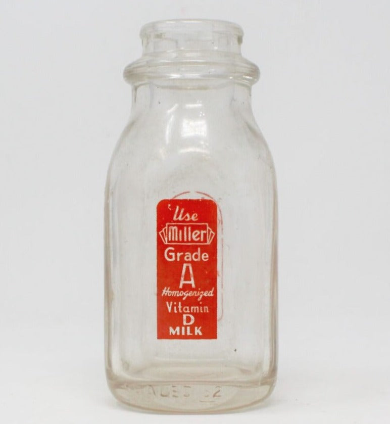 Milk Bottle, Miller Dairy, Orange Pyro ACL, Half Pint, Indiana, Vintage