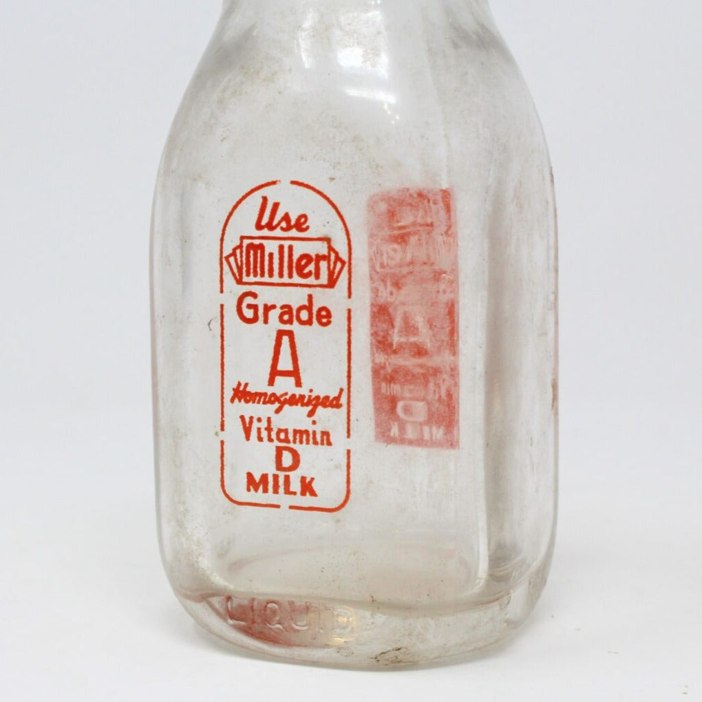 Milk Bottle, Miller Dairy, Orange Pyro ACL, Half Pint, Indiana, Vintage