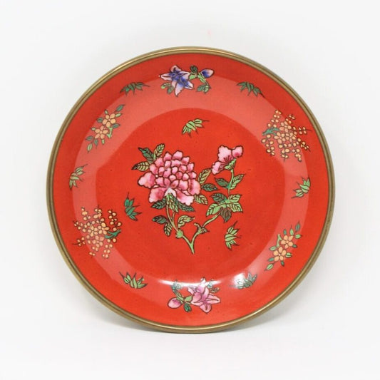 Bowl, Shallow Bowl, ACF, Enamel Oriental Flowers, Brass Encased, Decorative, Vintage Japan