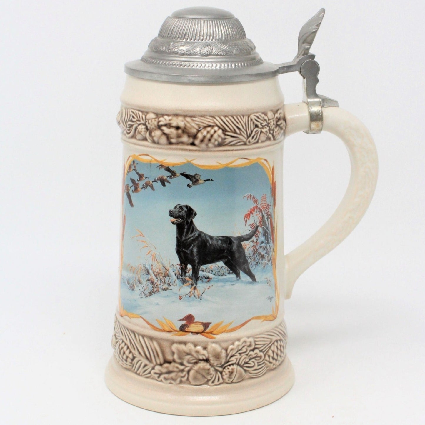 Beer Stein, German Ceramic Stein With Metal Lid, Black Labrador, Vintage