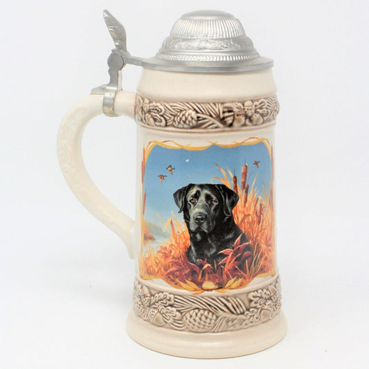 Beer Stein, German Ceramic Stein With Metal Lid, Black Labrador, Vintage