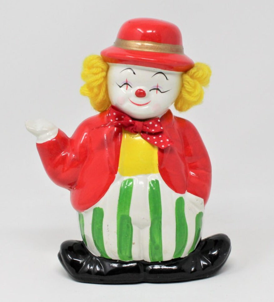 Coin Bank, Clown with Bowler Hat & Yarn Hair, Ceramic, Vintage