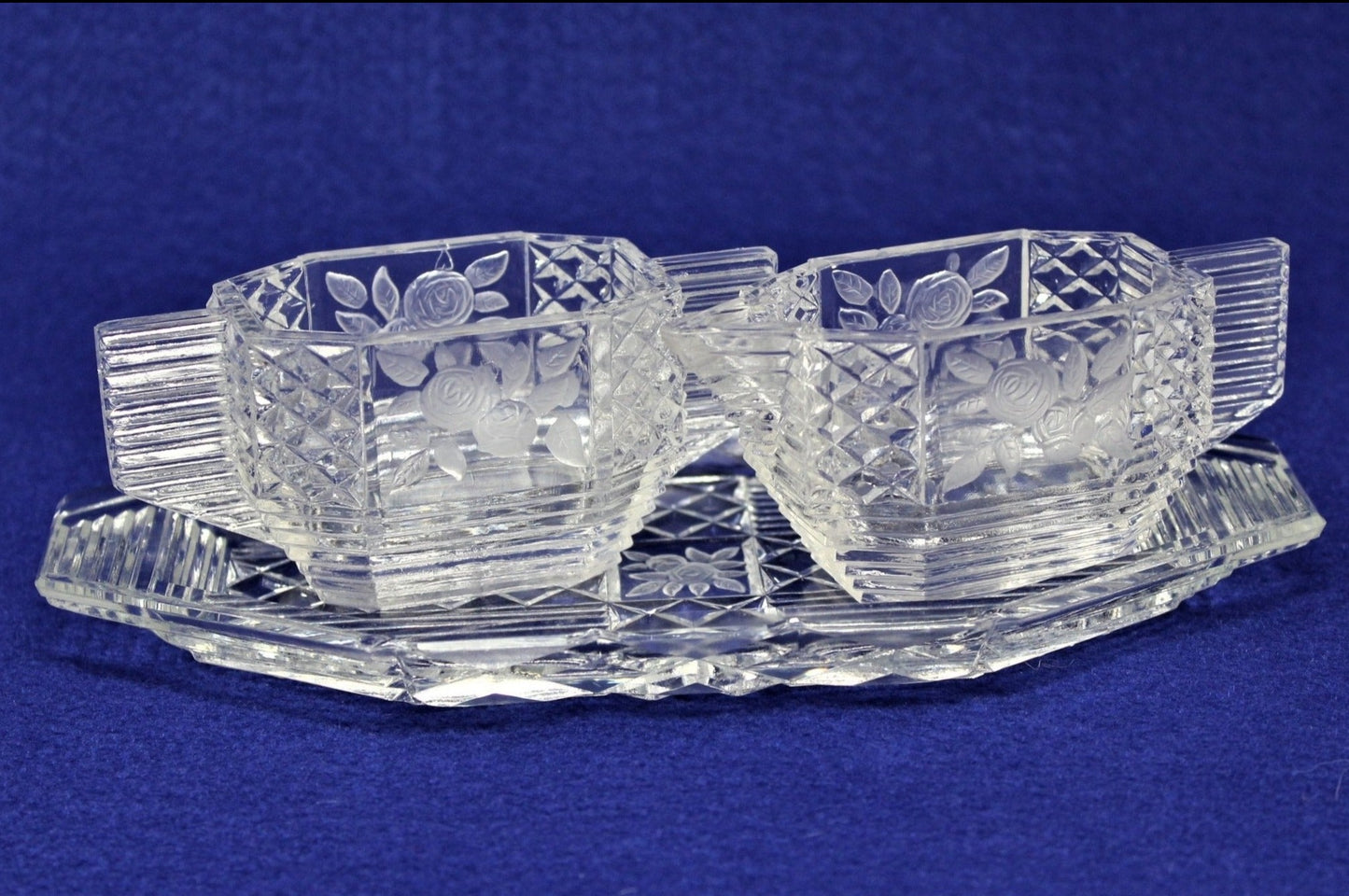 Creamer & Sugar with Tray, Roses Etched Glass, Art Deco Style, Japan