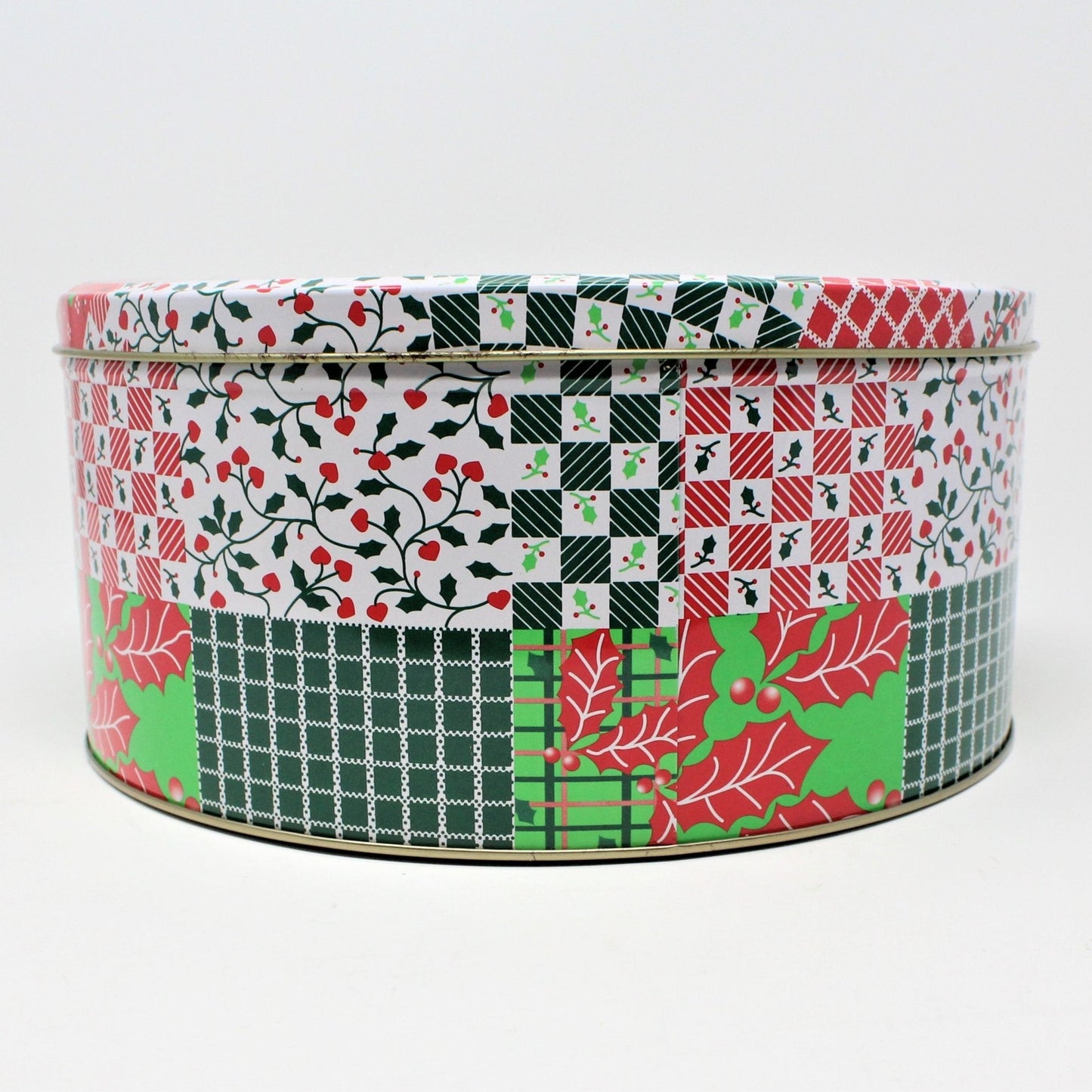 Gift Tin / Cookie Tin, Christmas Quilter's Patchwork, Round, Vintage