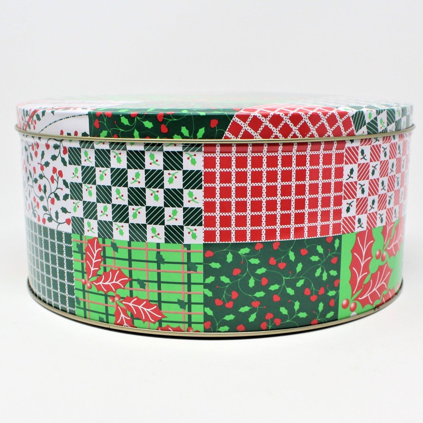 Gift Tin / Cookie Tin, Christmas Quilter's Patchwork, Round, Vintage