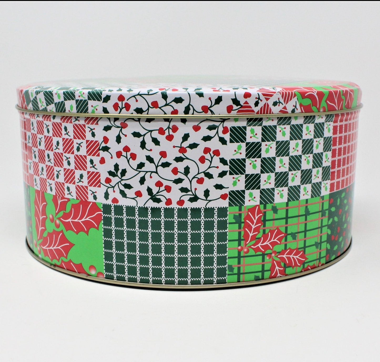 Gift Tin / Cookie Tin, Christmas Quilter's Patchwork, Round, Vintage