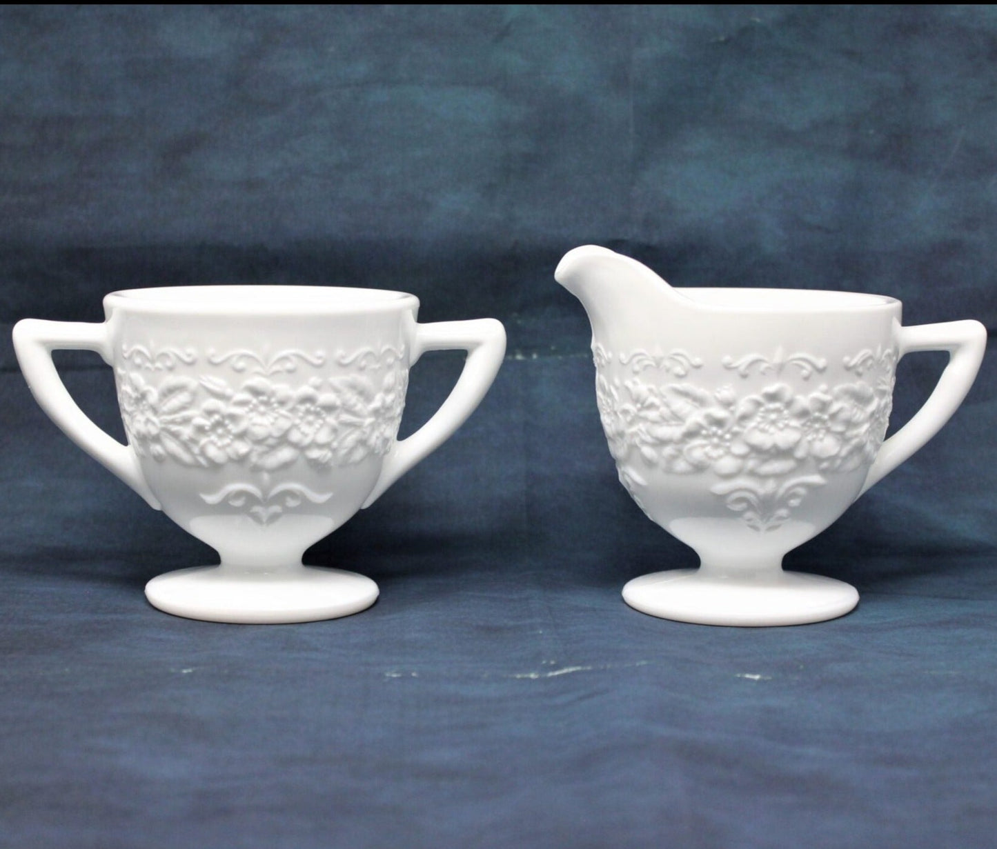 Creamer & Open Sugar, Indiana Glass, Orange Blossom, Milk Glass, Vintage