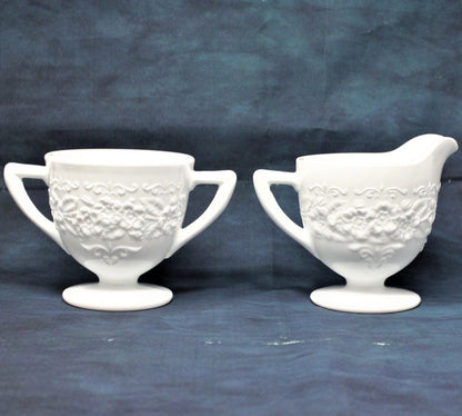 Creamer & Open Sugar, Indiana Glass, Orange Blossom, Milk Glass, Vintage