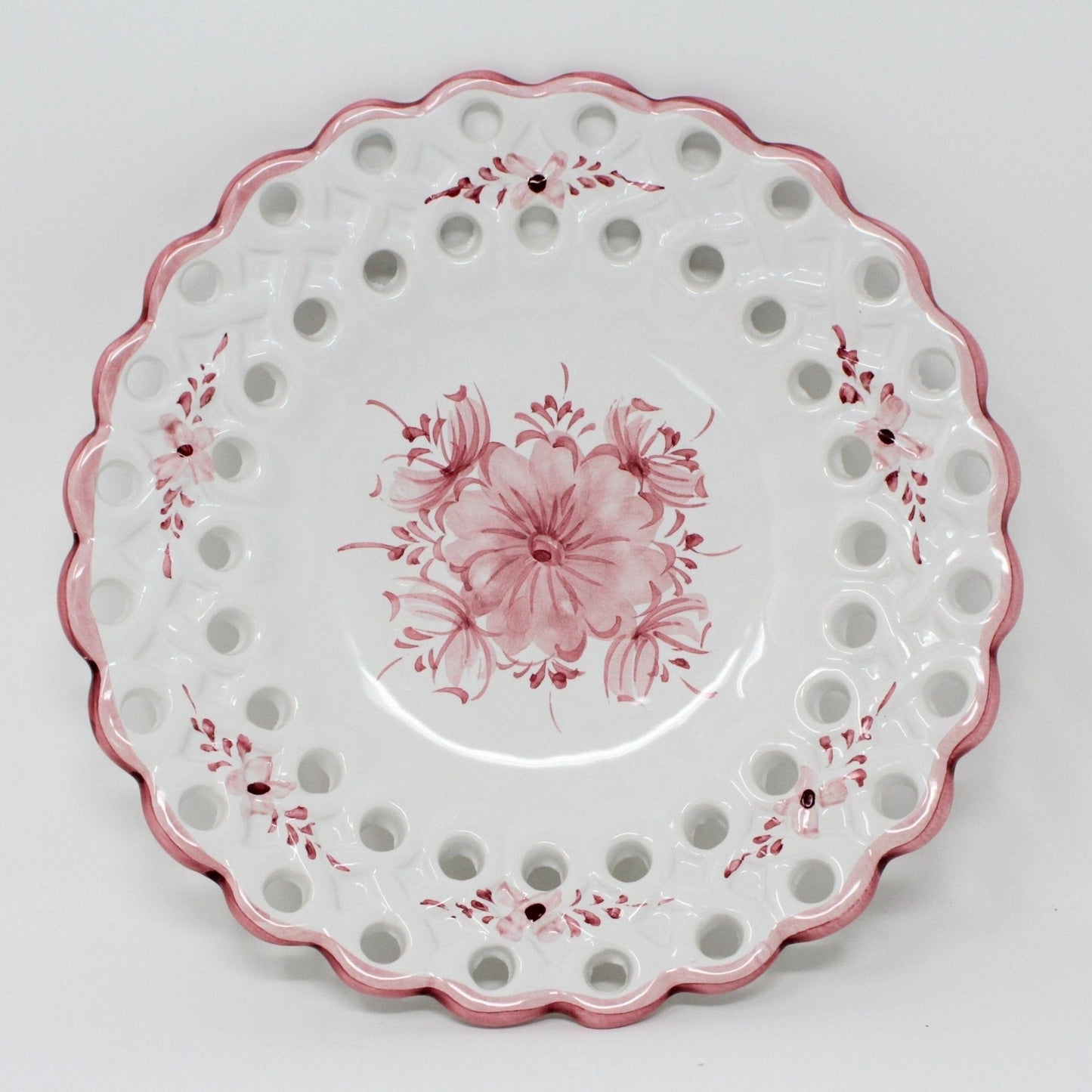 Decorative Plates, Hand Painted Portugal Pink Flowers, Reticulated, Set of 4, Vintage
