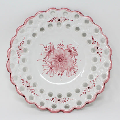 Decorative Plates, Hand Painted Portugal Pink Flowers, Reticulated, Set of 4, Vintage