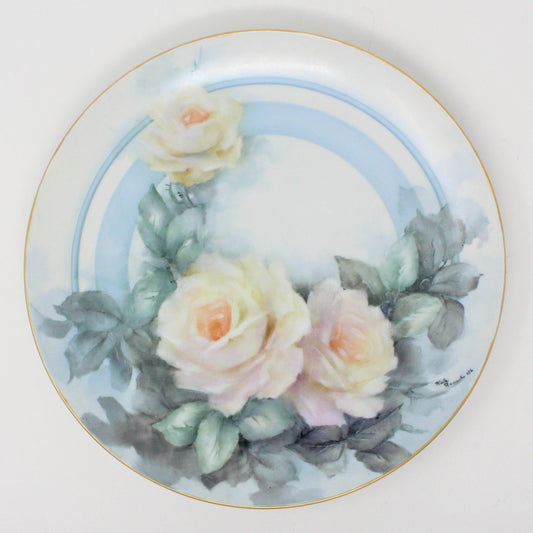 Decorative Plate, White / Yellow Roses, Hand Painted, Vintage 1986