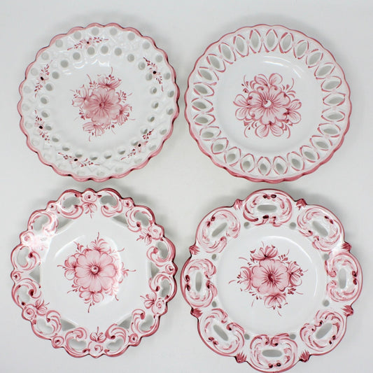 Decorative Plates, Hand Painted Portugal Pink Flowers, Reticulated, Set of 4, Vintage