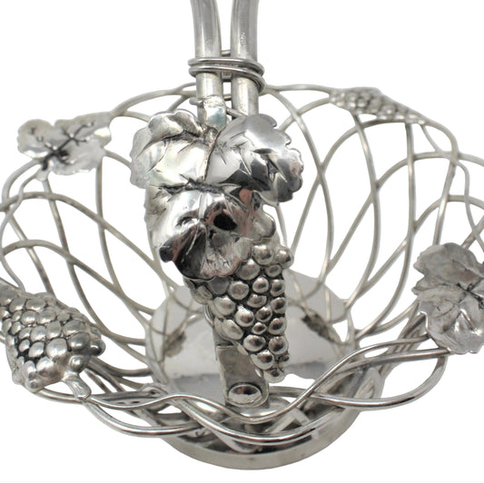 Basket, Godinger Silverplate, Pierced / Wire Grapes & Leaves with Handle, Vintage
