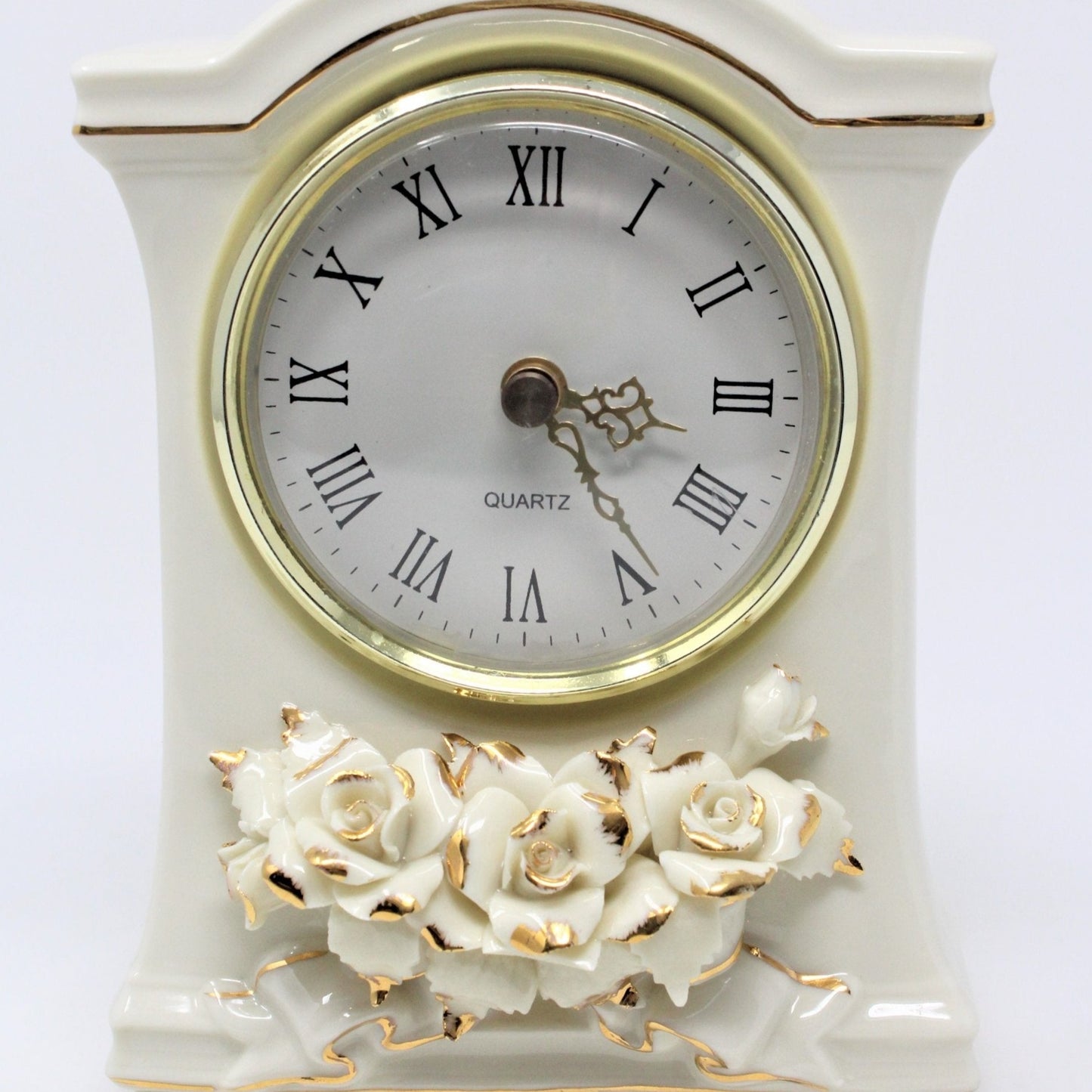 Clock, Avon, Winter Rose, Ivory Porcelain Mantel Clock