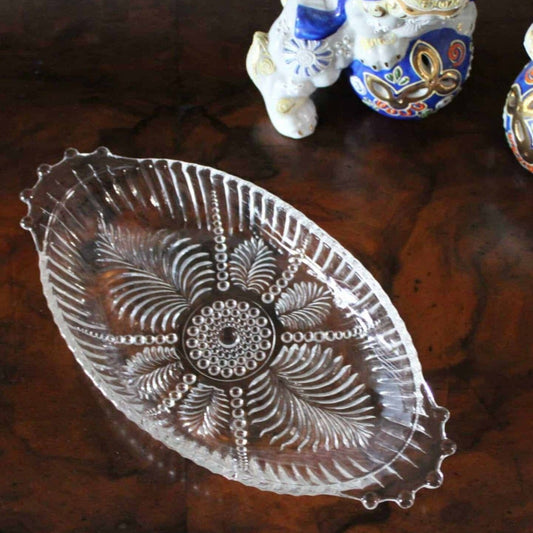 Relish Dish, Oyster, Beaded Fern, Glass, Vintage