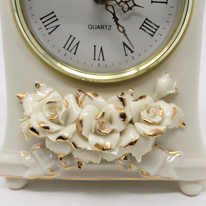 Clock, Avon, Winter Rose, Ivory Porcelain Mantel Clock
