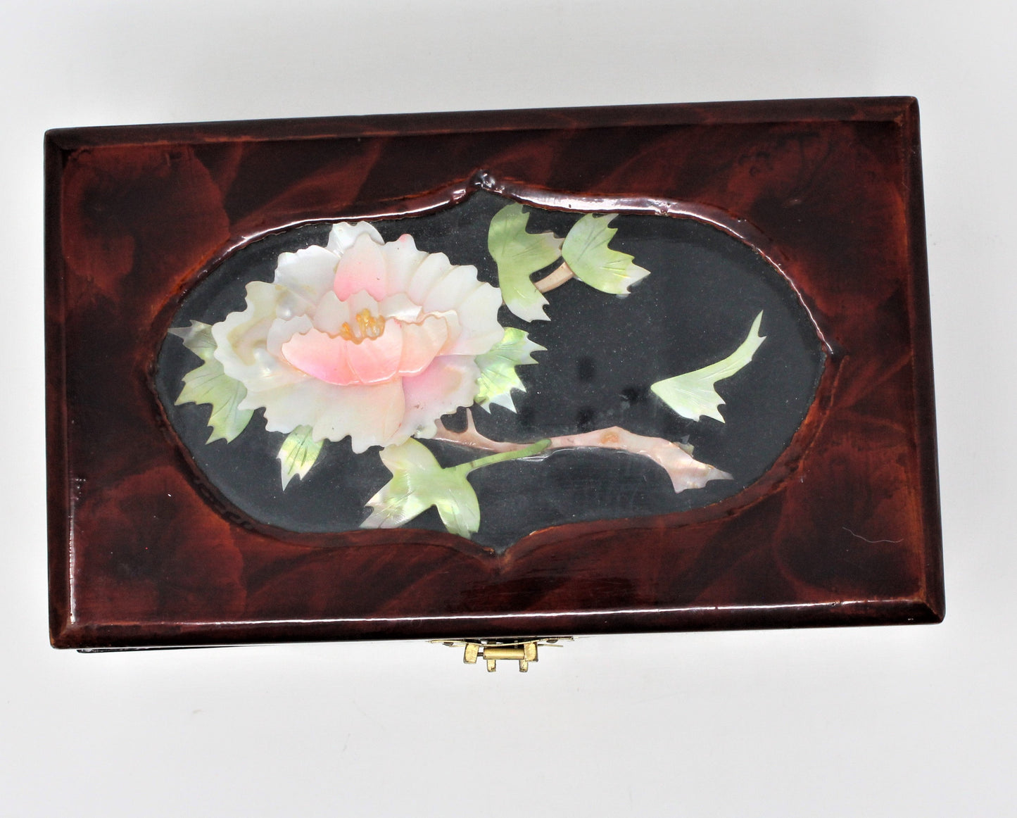 Jewelry Box, Shell Art, Oriental Lotus Flower, Lacquered, Vintage